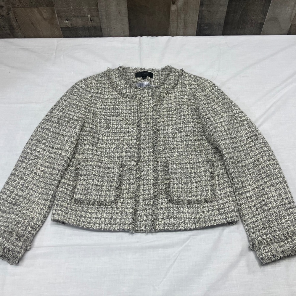 J. Crew Rainbow Tweed Fringe Jacket Blazer Womens 8 Textured Collarless Metallic